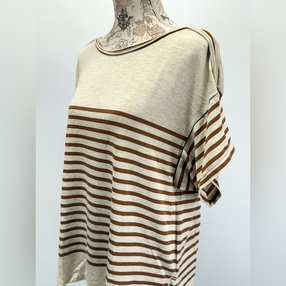 MAX STUDIO Beige and tan Striped Short Sleeve Top size L - Picture 12 of 15